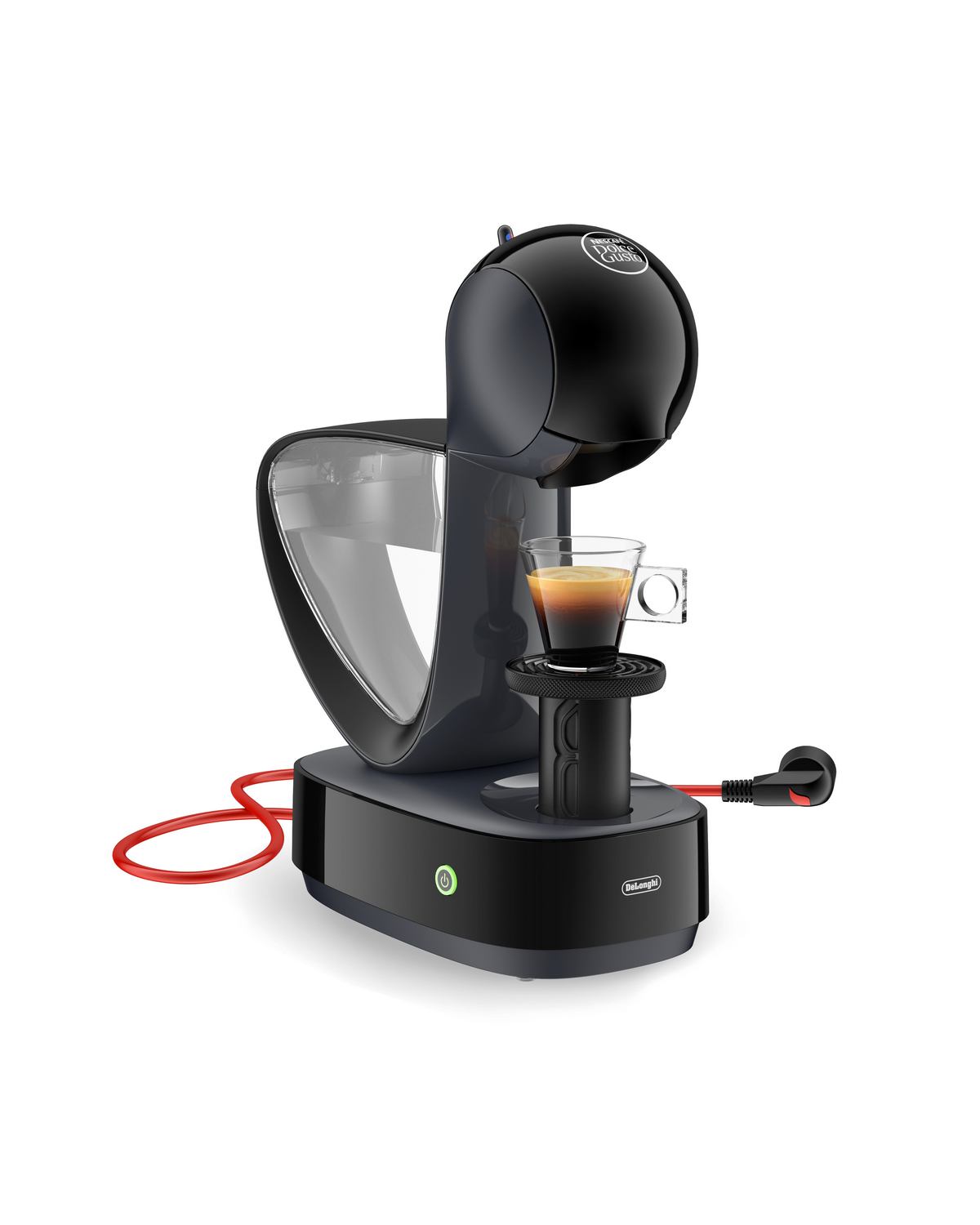 Una cafetera De'Longhi negra dispensando espresso en un vaso transparente.