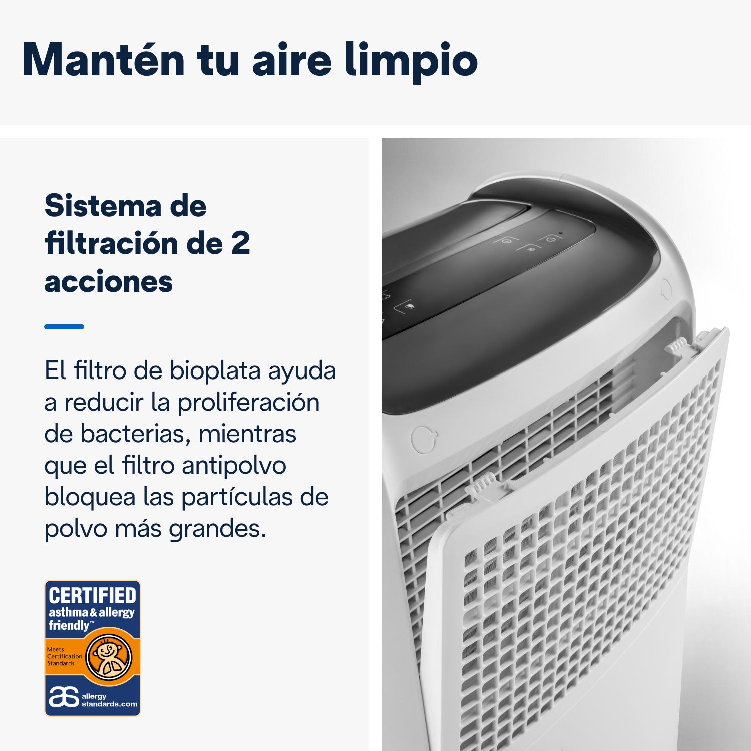 Purificador de aire, blanco con panel frontal extraíble. Texto: 'Mantén tu aire limpio.' y 'Filtración de 2 acciones'.