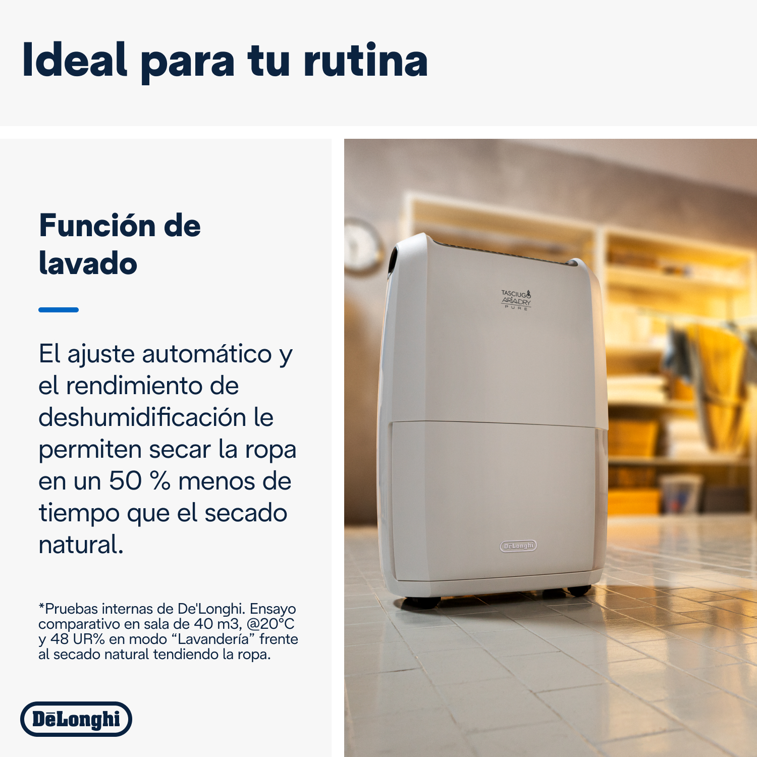 Deshumidificador blanco en suelo de baldosas. Texto sobre función de lavado y ajuste automático.