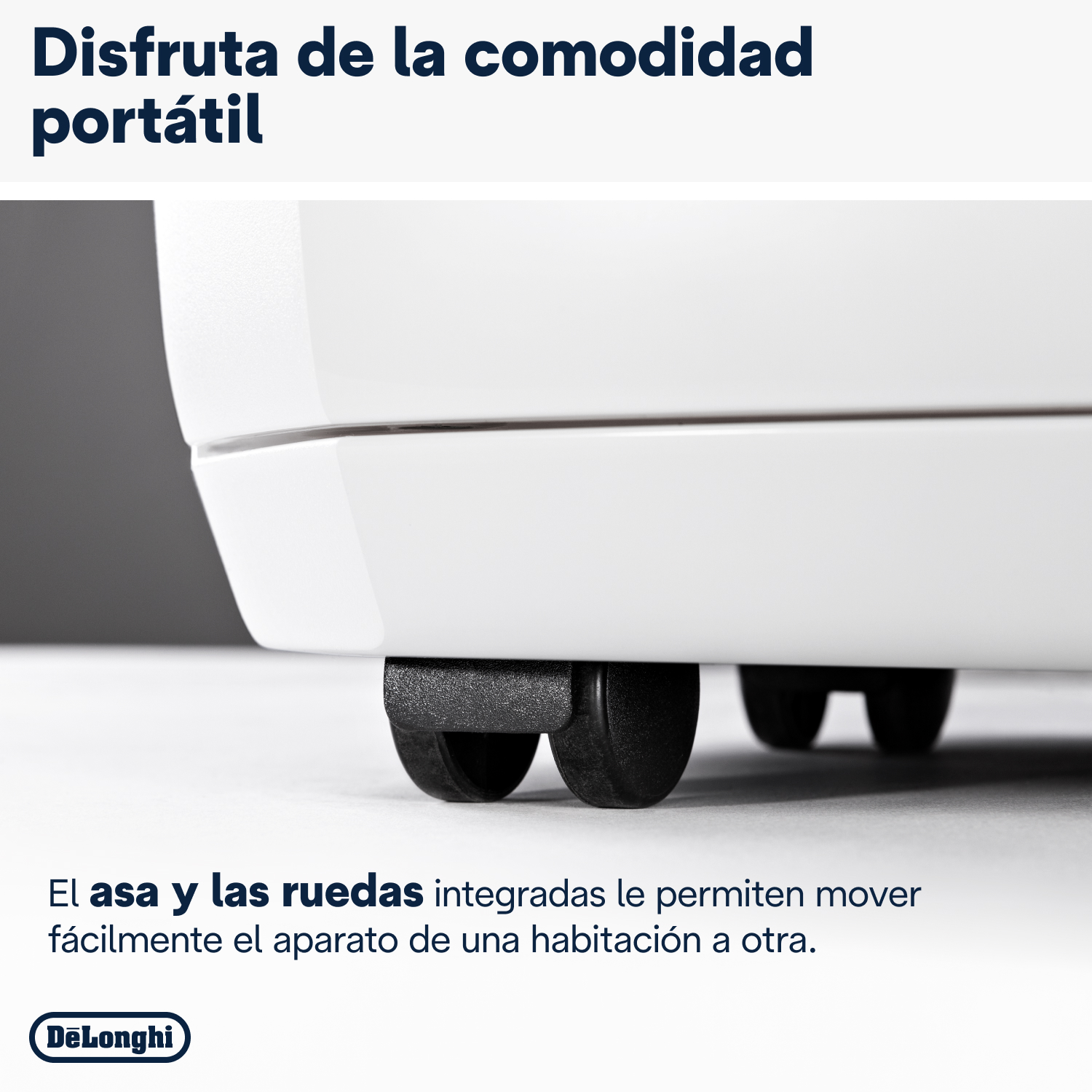 Base blanca del electrodoméstico con ruedas negras. Texto en español: 'Disfruta de la comodidad'.