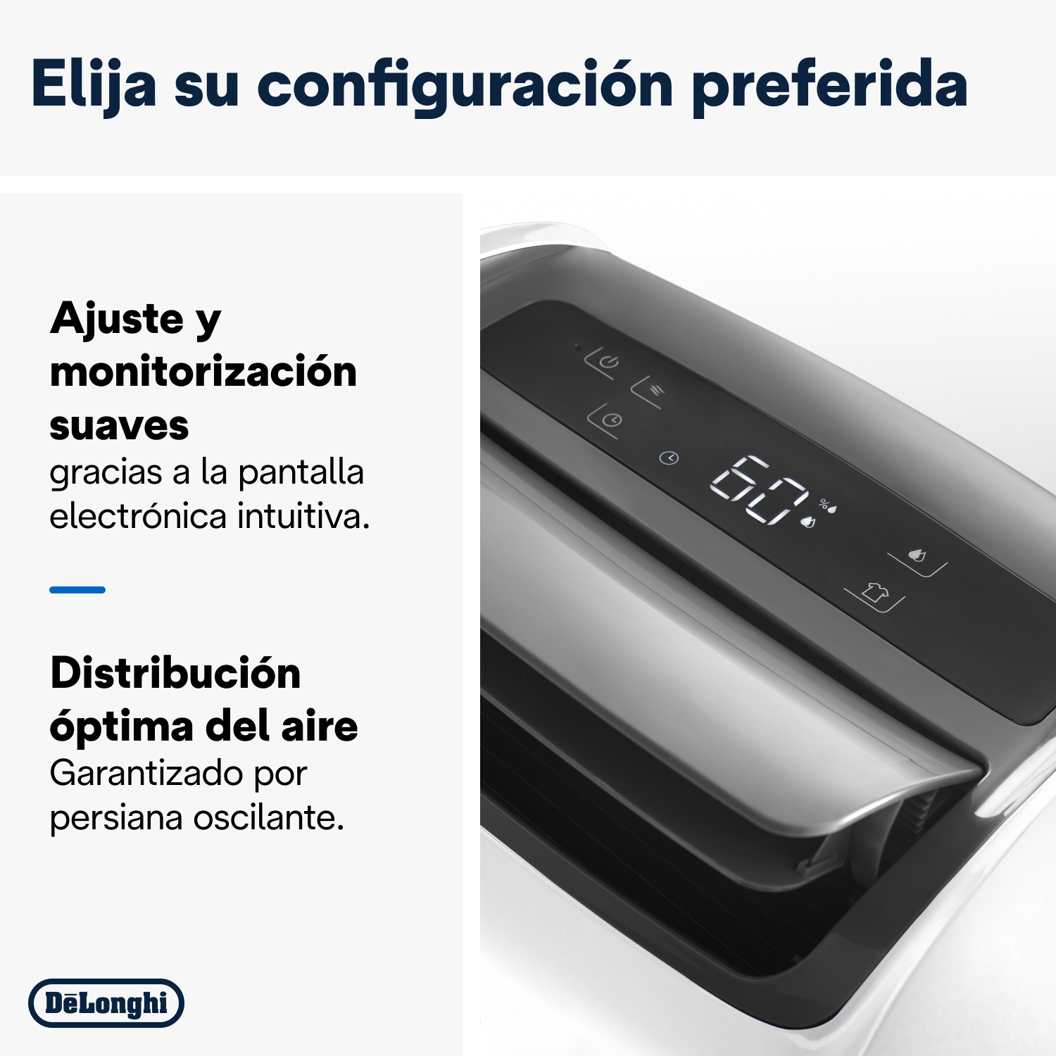Primer plano de un deshumidificador muestra una pantalla digital al 60%. El texto está en español.