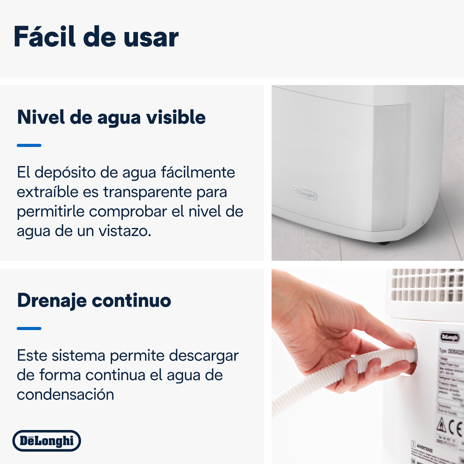 Deshumidificador DeLonghi blanco, nivel de agua visible y sistema de drenaje.