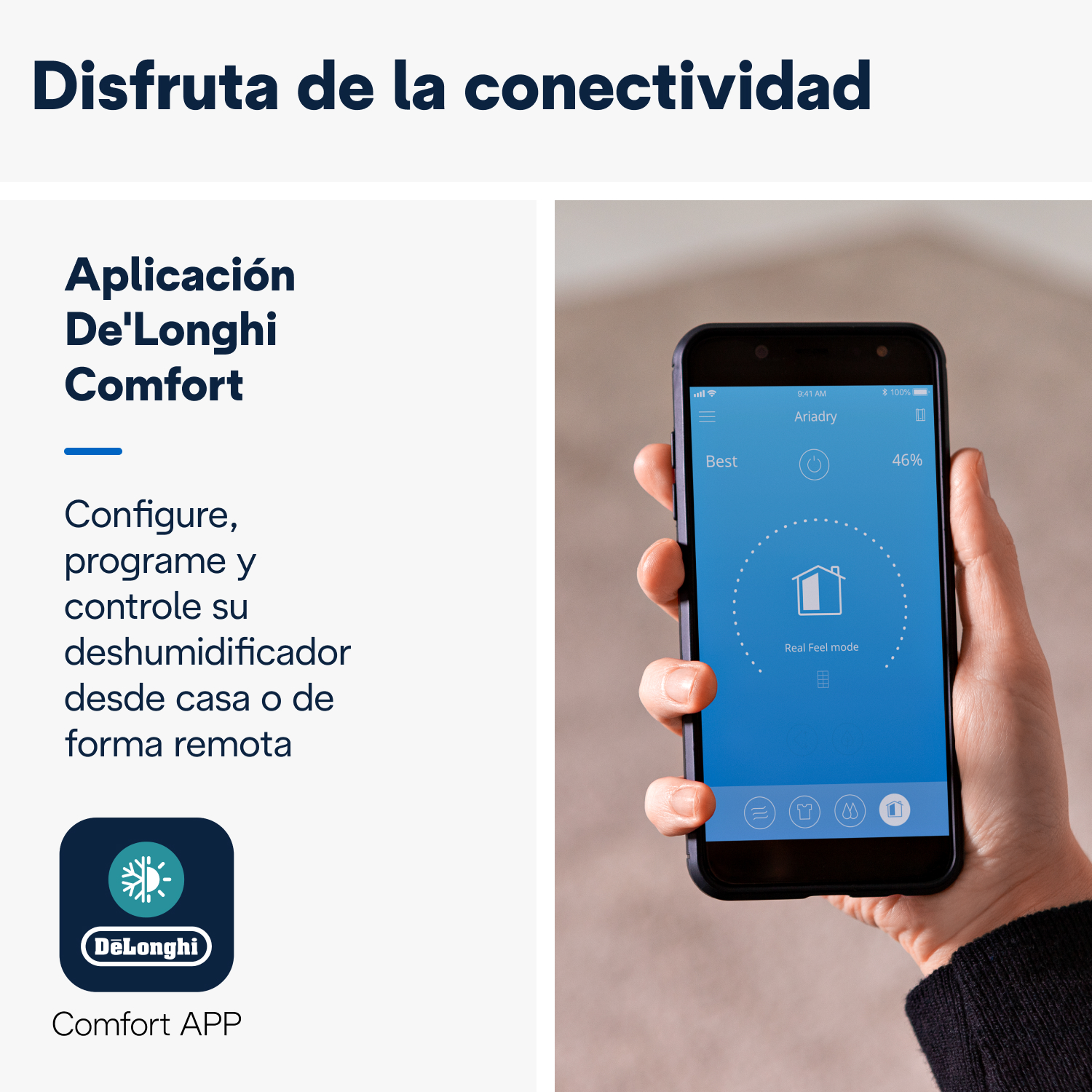Una pantalla de teléfono inteligente que muestra una interfaz de aplicación, sostenida por una mano. Texto e icono.