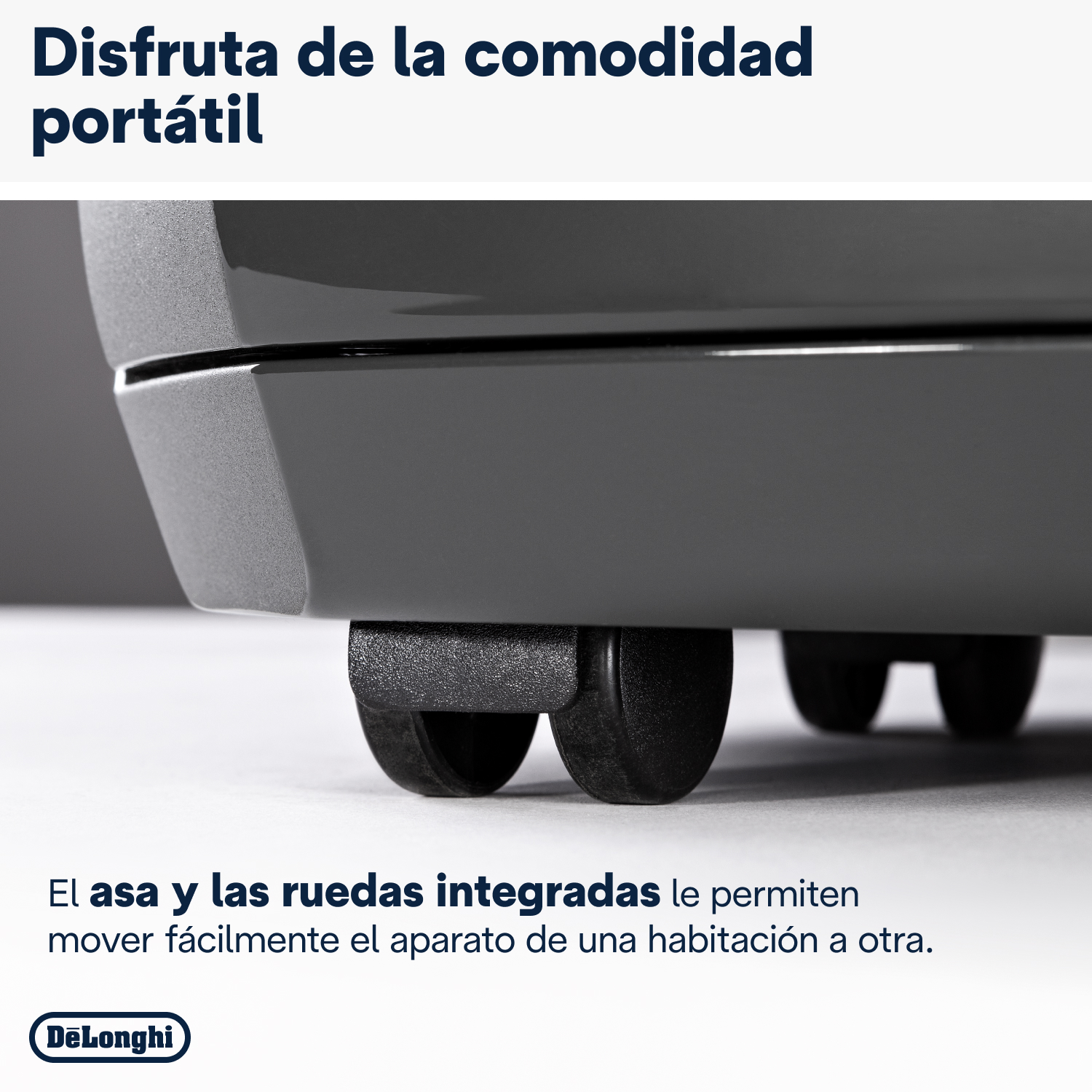 Detalle del electrodoméstico, ruedas visibles. Texto sobre portabilidad.