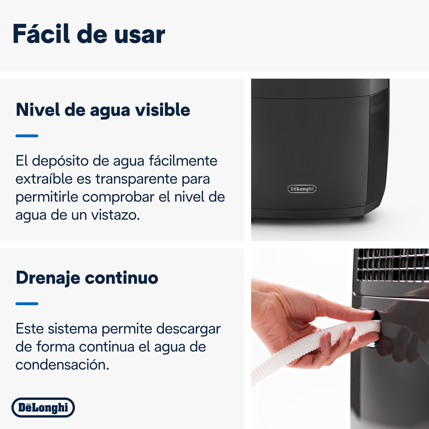 Texto e imágenes sobre un electrodoméstico DeLonghi; un nivel de agua visible y drenaje continuo.