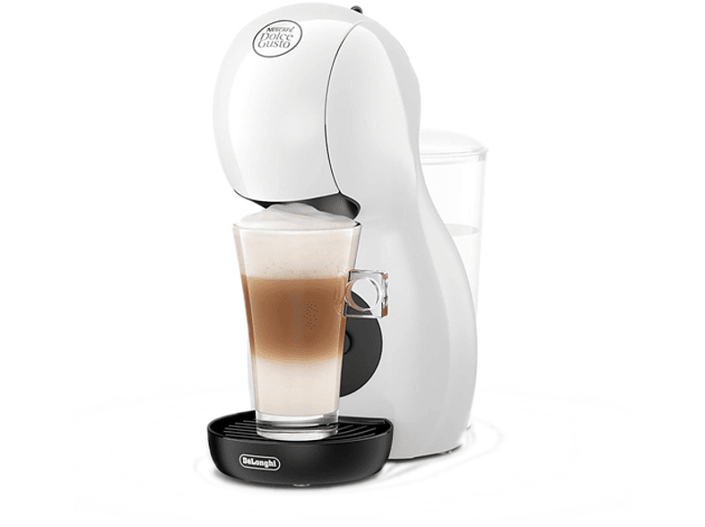 Cafetera Dolce Gusto blanca, vaso de latte. Base negra. Contenedor de agua a la derecha.