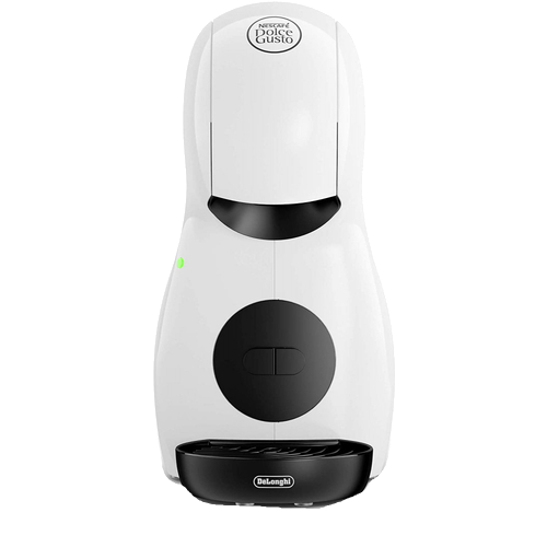 Cafetera Dolce Gusto blanca con detalles negros y una bandeja de agua.