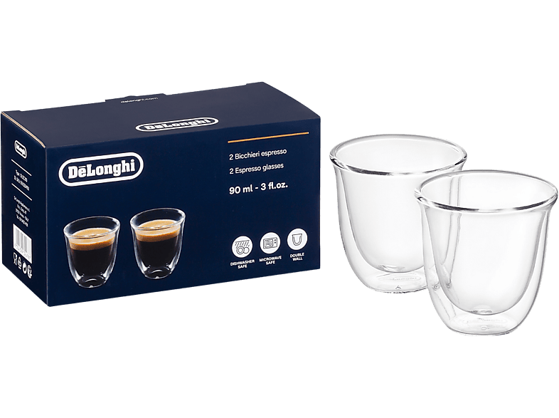 Set de 2 tazas - De'Longhi Espresso DLSC310, Juego vasos café, Cristal, 60 Ml