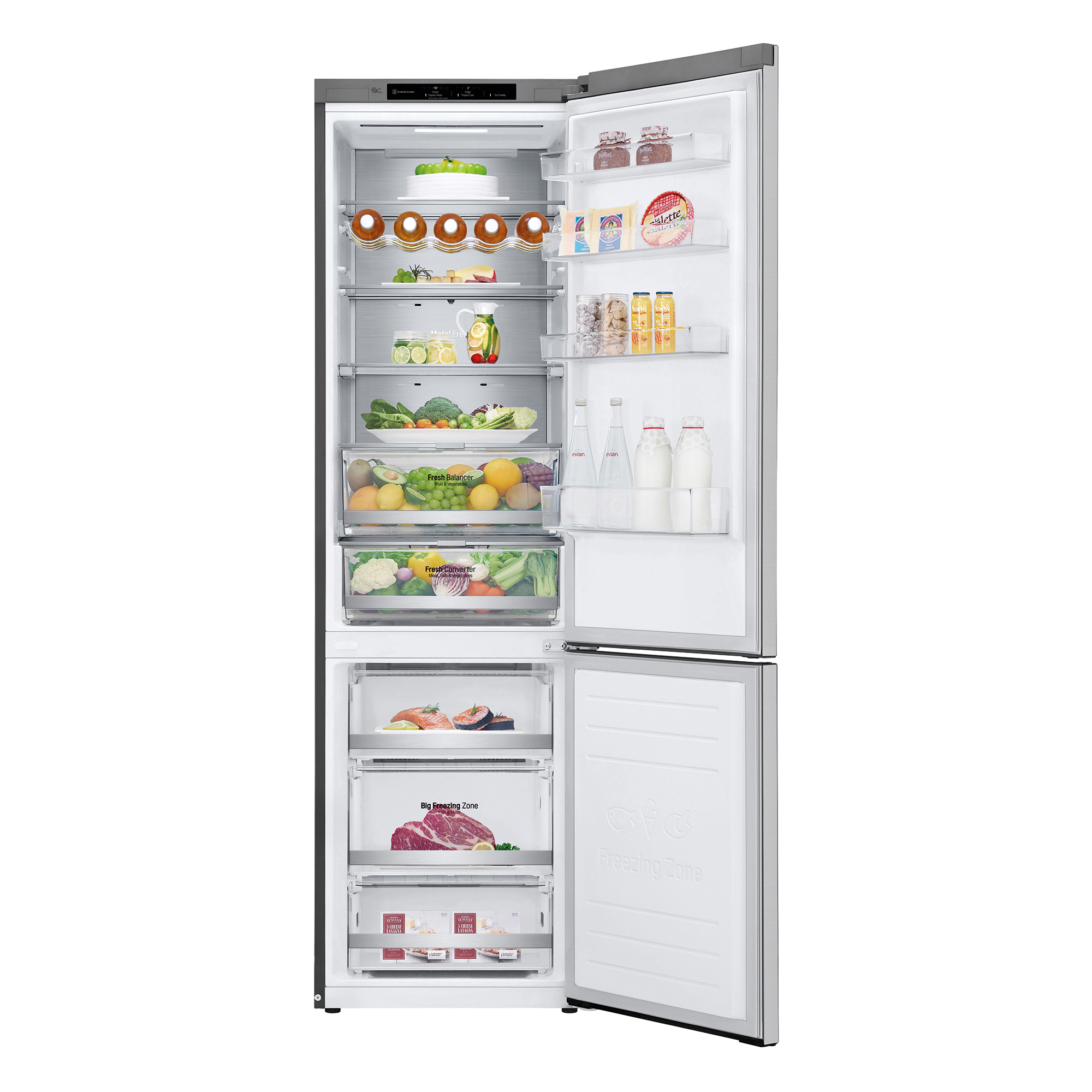 Refrigerador abierto con varios alimentos. Se ven verduras, frutas y productos lácteos en su interior.