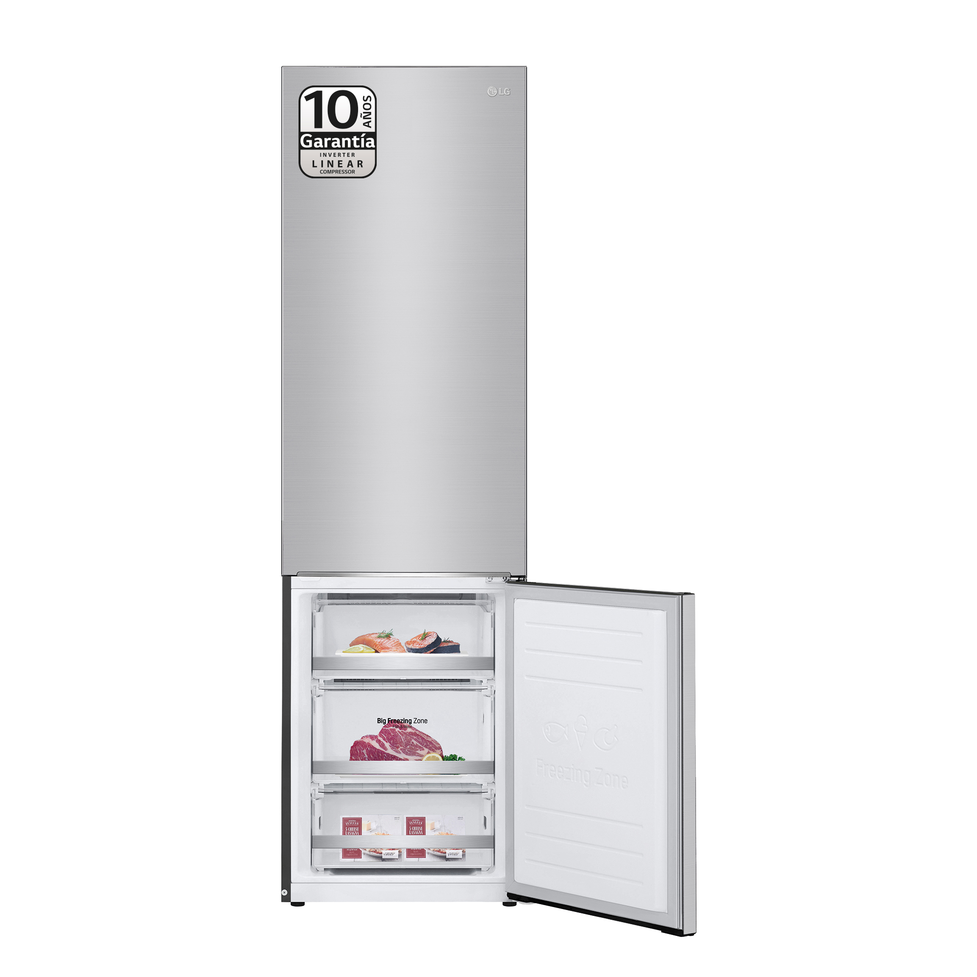 Un refrigerador plateado con la puerta del congelador abierta. Tres cajones de comida son visibles en el interior.