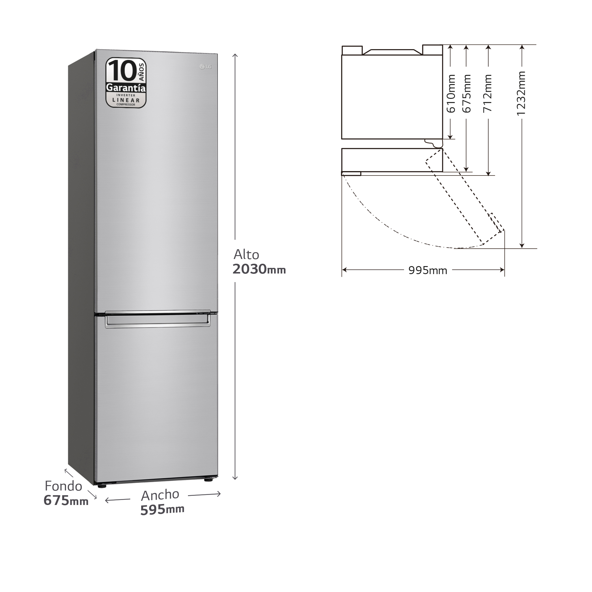 Un refrigerador plateado con dimensiones etiquetadas. A la izquierda, dimensiones en mm y '10 años garantía'.