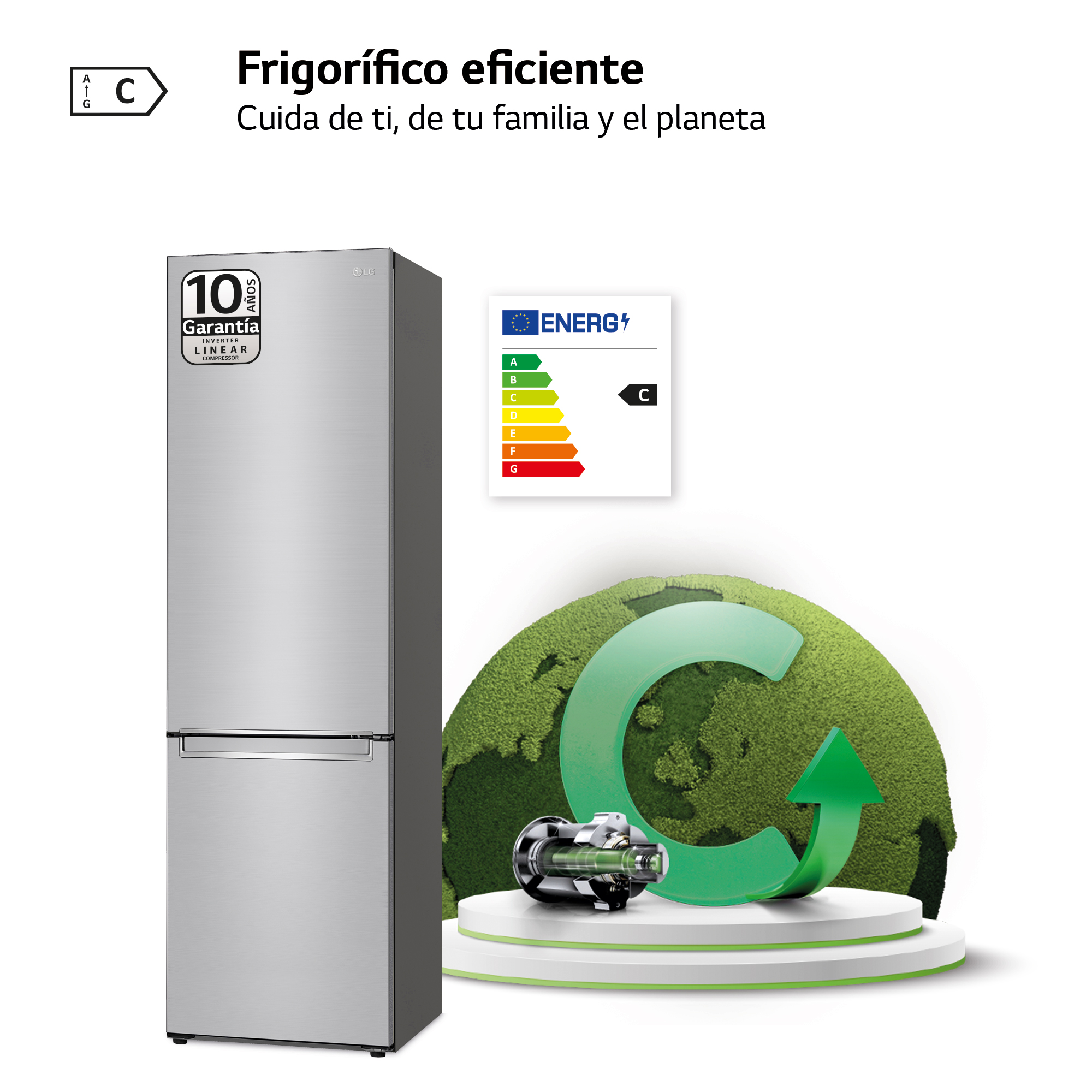Un refrigerador plateado con etiqueta de eficiencia energética y un gráfico de la tierra.