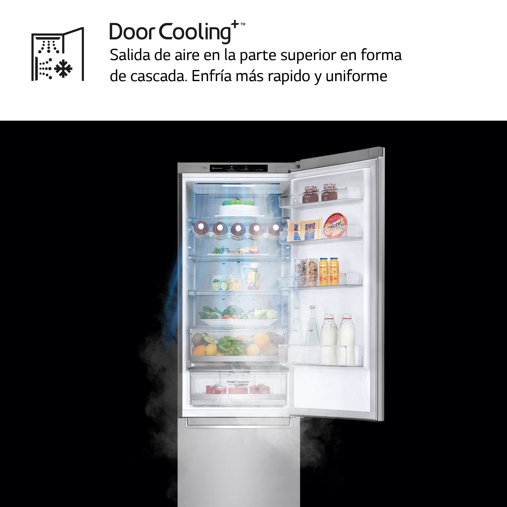 Refrigerador LG abierto que muestra el interior con alimentos y detalles del flujo de aire.
