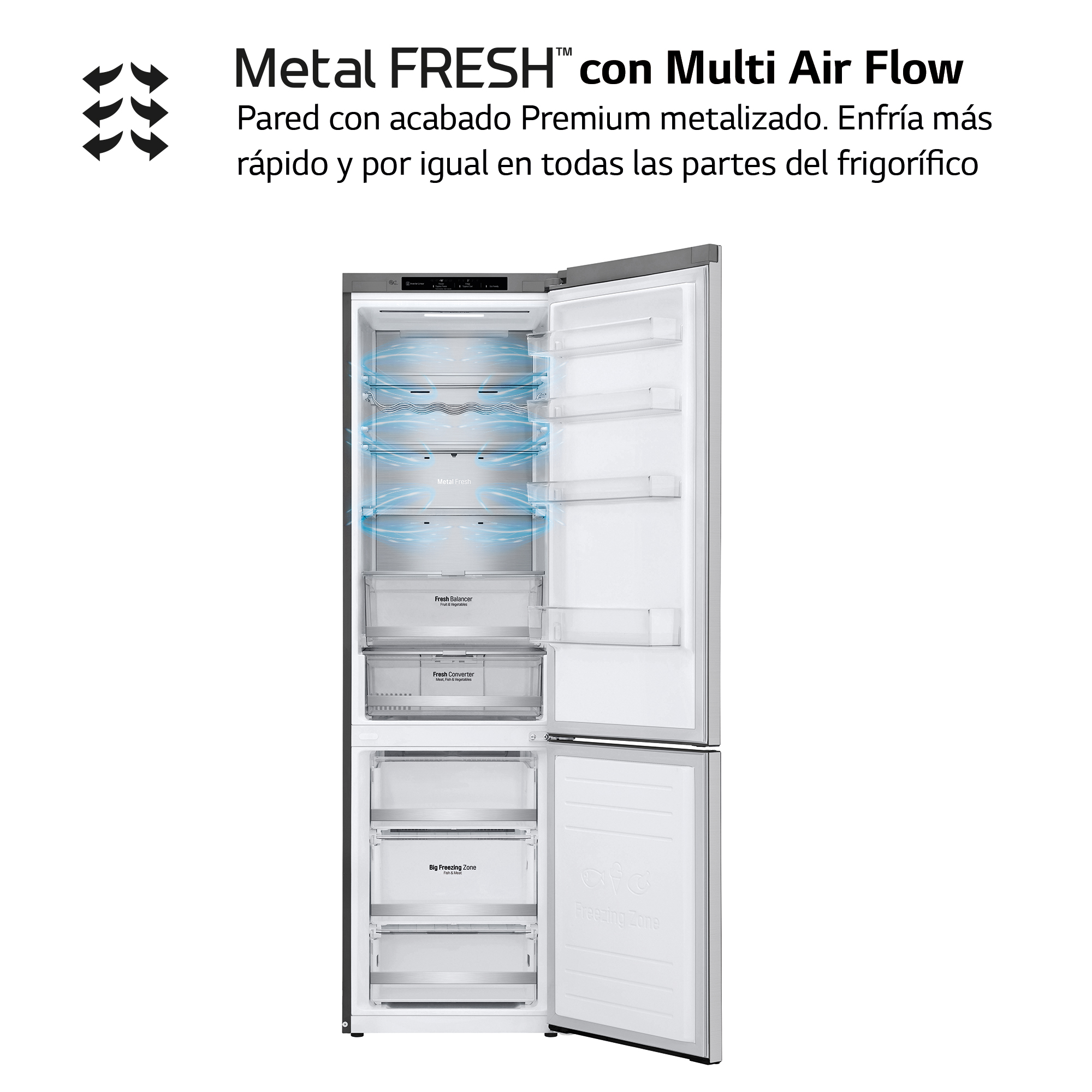 Interior del refrigerador. Muestra estantes y compartimentos con artículos.