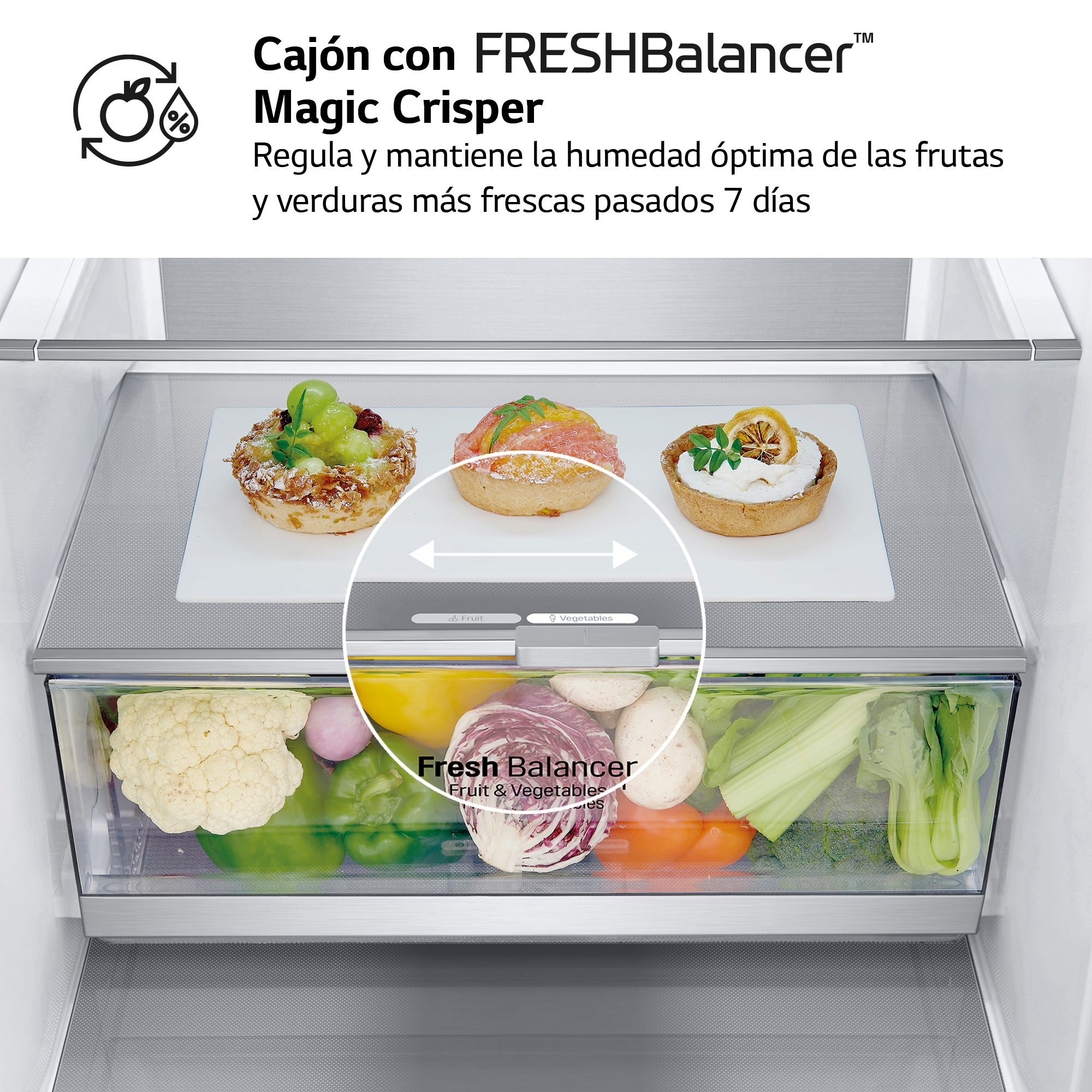 Primer plano de cajones de refrigerador con verduras y frutas, texto sobre humedad.