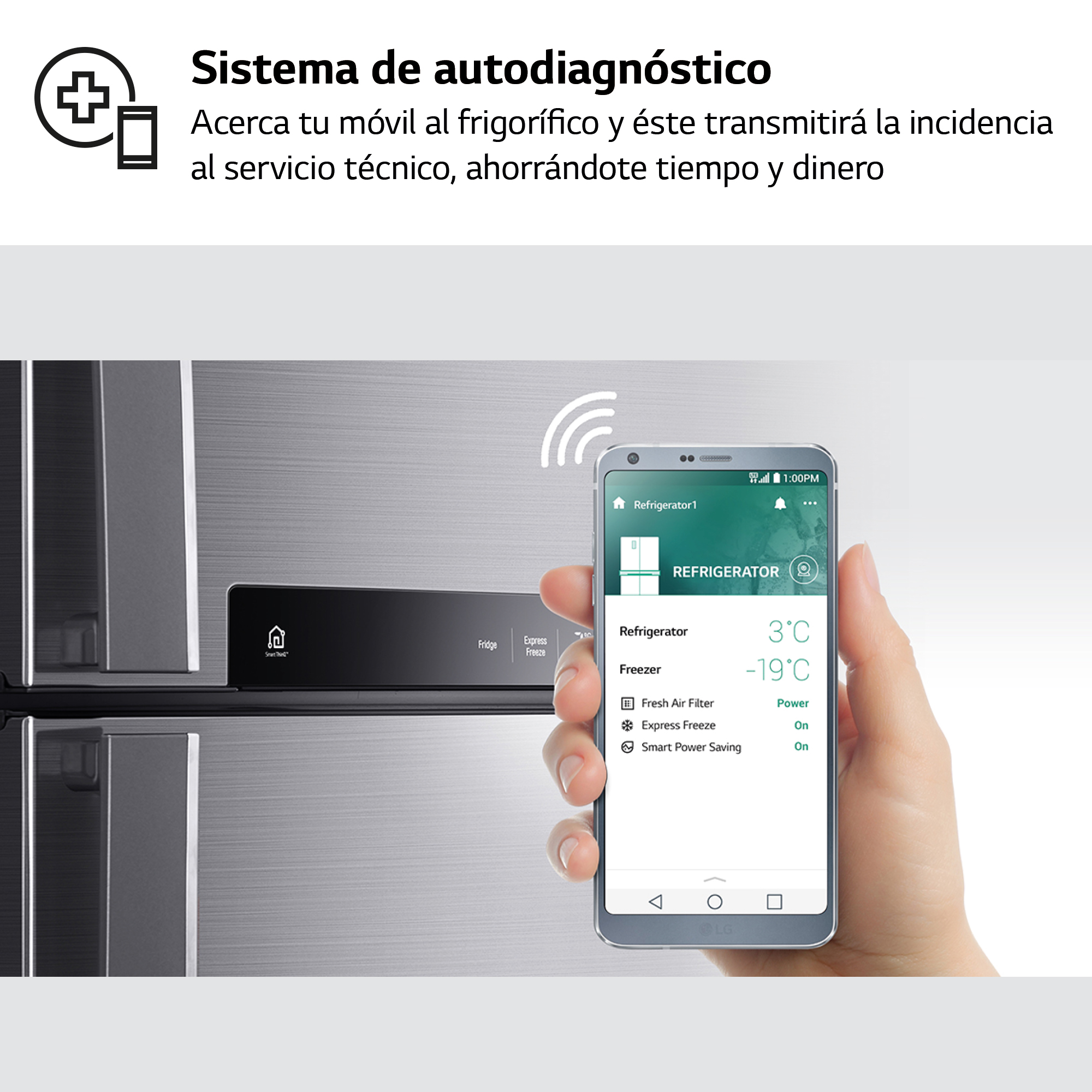 Un teléfono que muestra un refrigerador. Texto en la parte superior: Sistema de autodiagnóstico. Temperaturas.