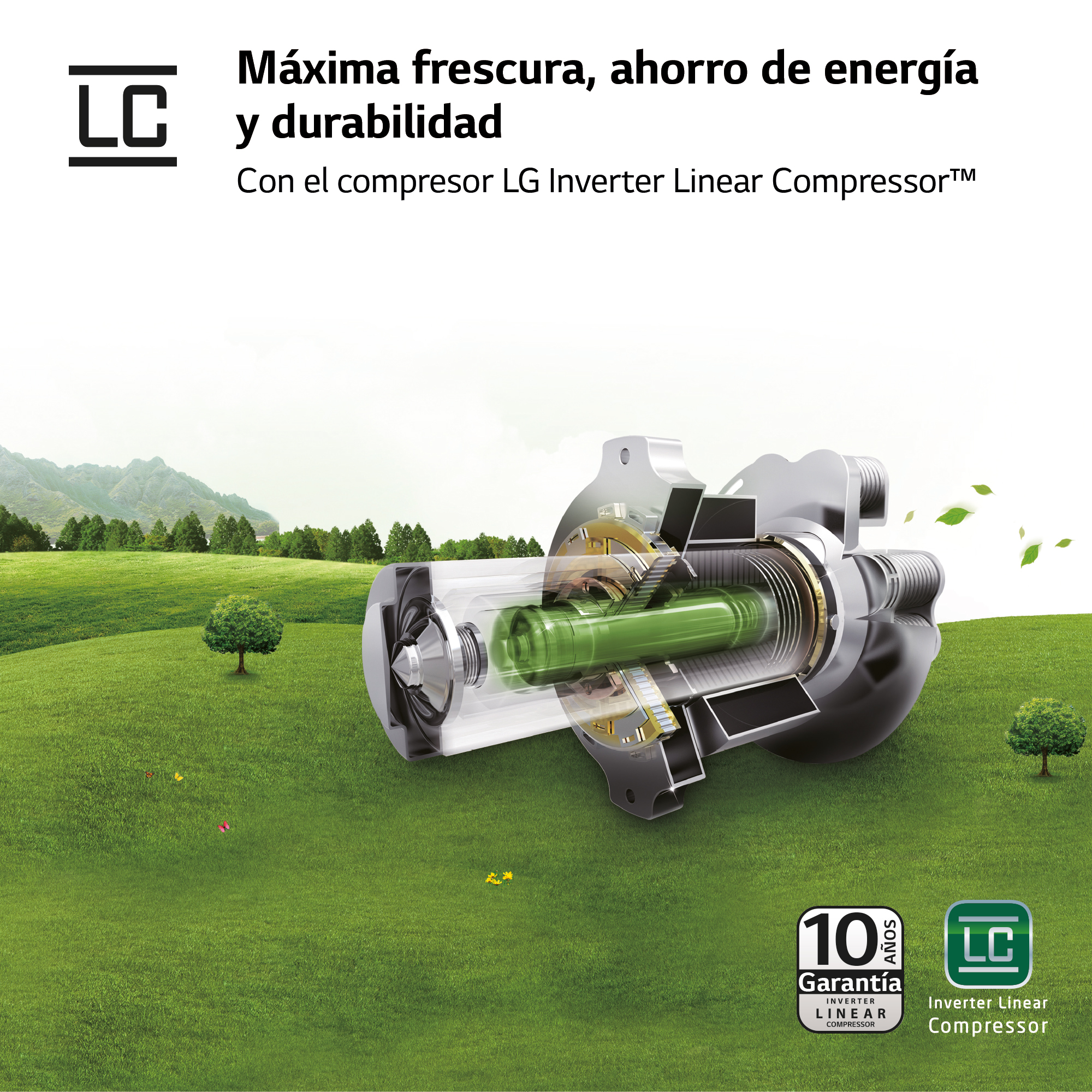 Ilustración en corte de un compresor con batería verde, texto: LG Inverter Linear Compressor.