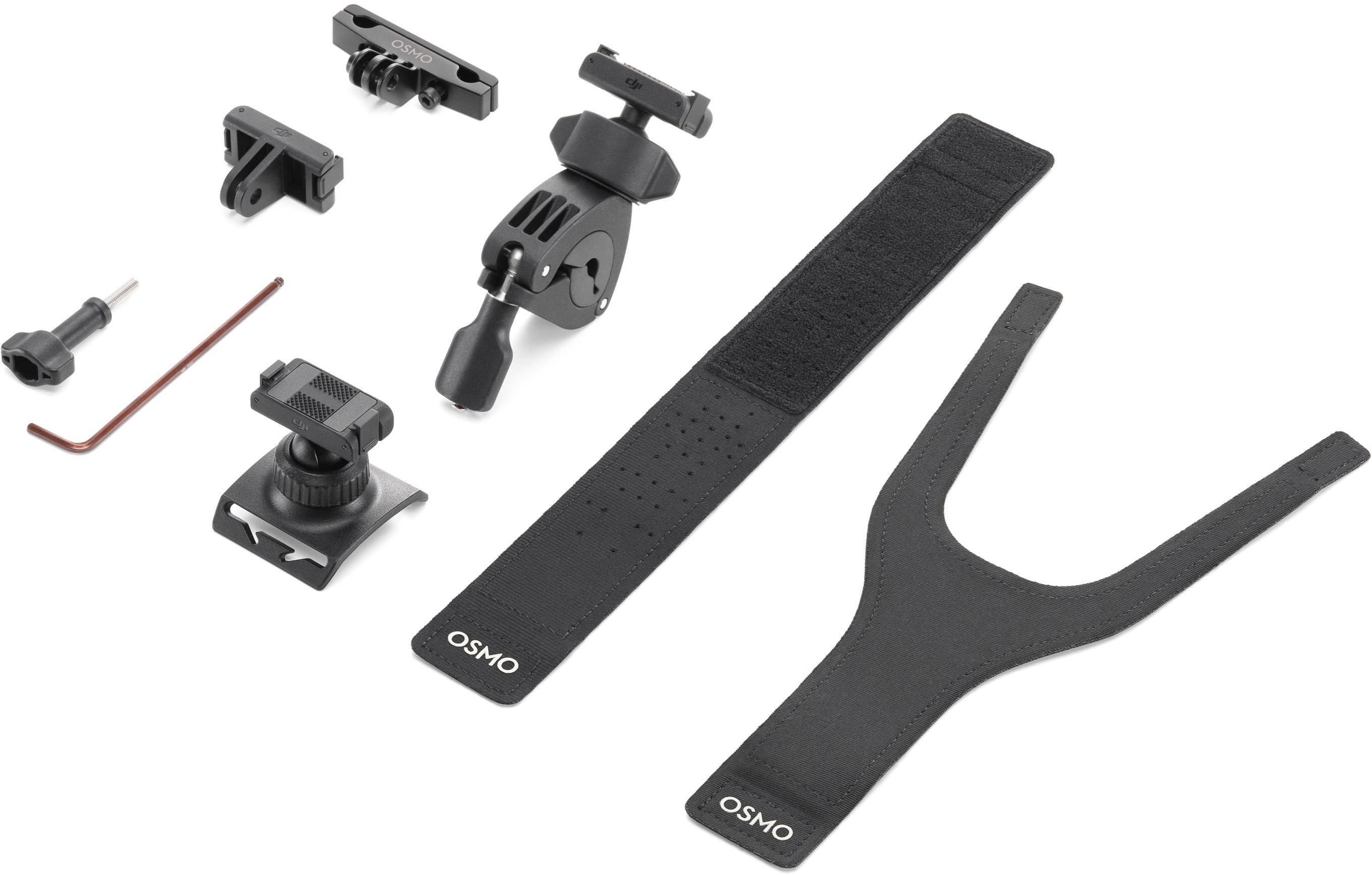 Eine Sammlung von DJI Osmo Zubehör, einschließlich Halterungen, Gurten und einem kleinen Schraubenschlüssel.
