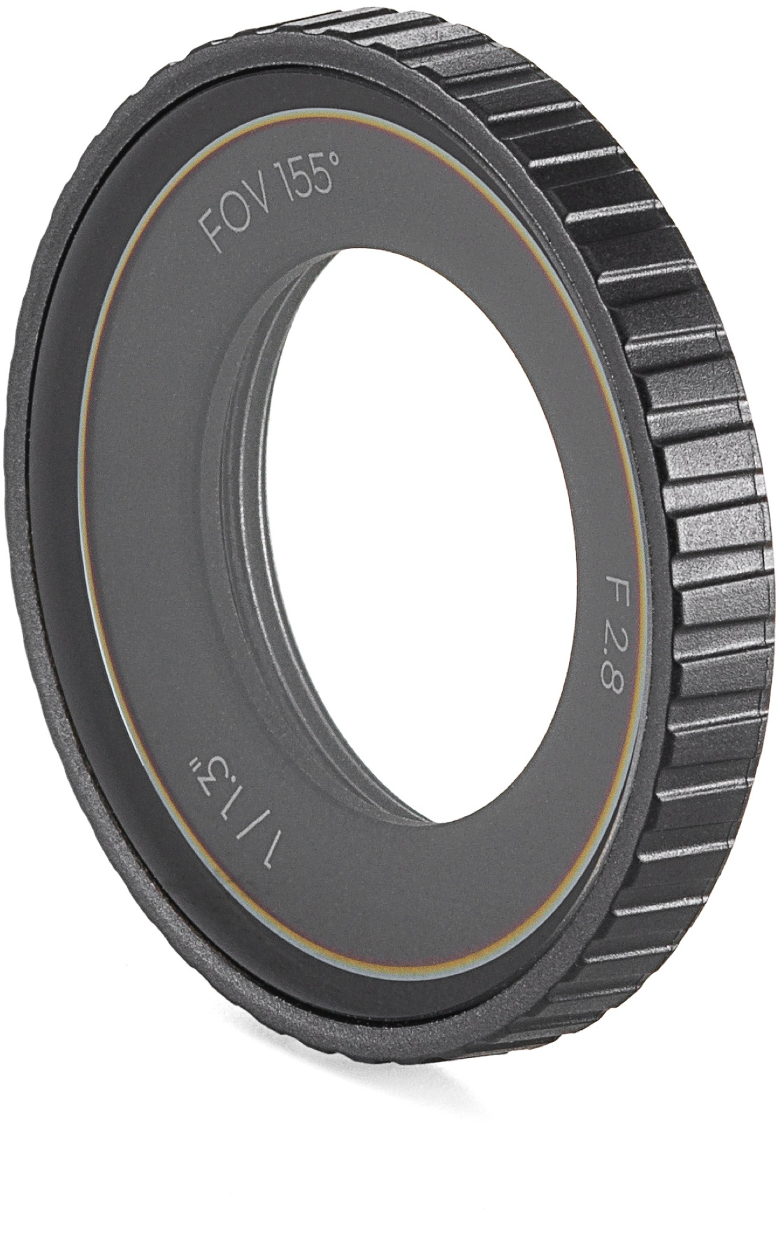 Ein schwarzer Objektivfilter mit Text: FOV 155°, F2.8 und 1/1.3".