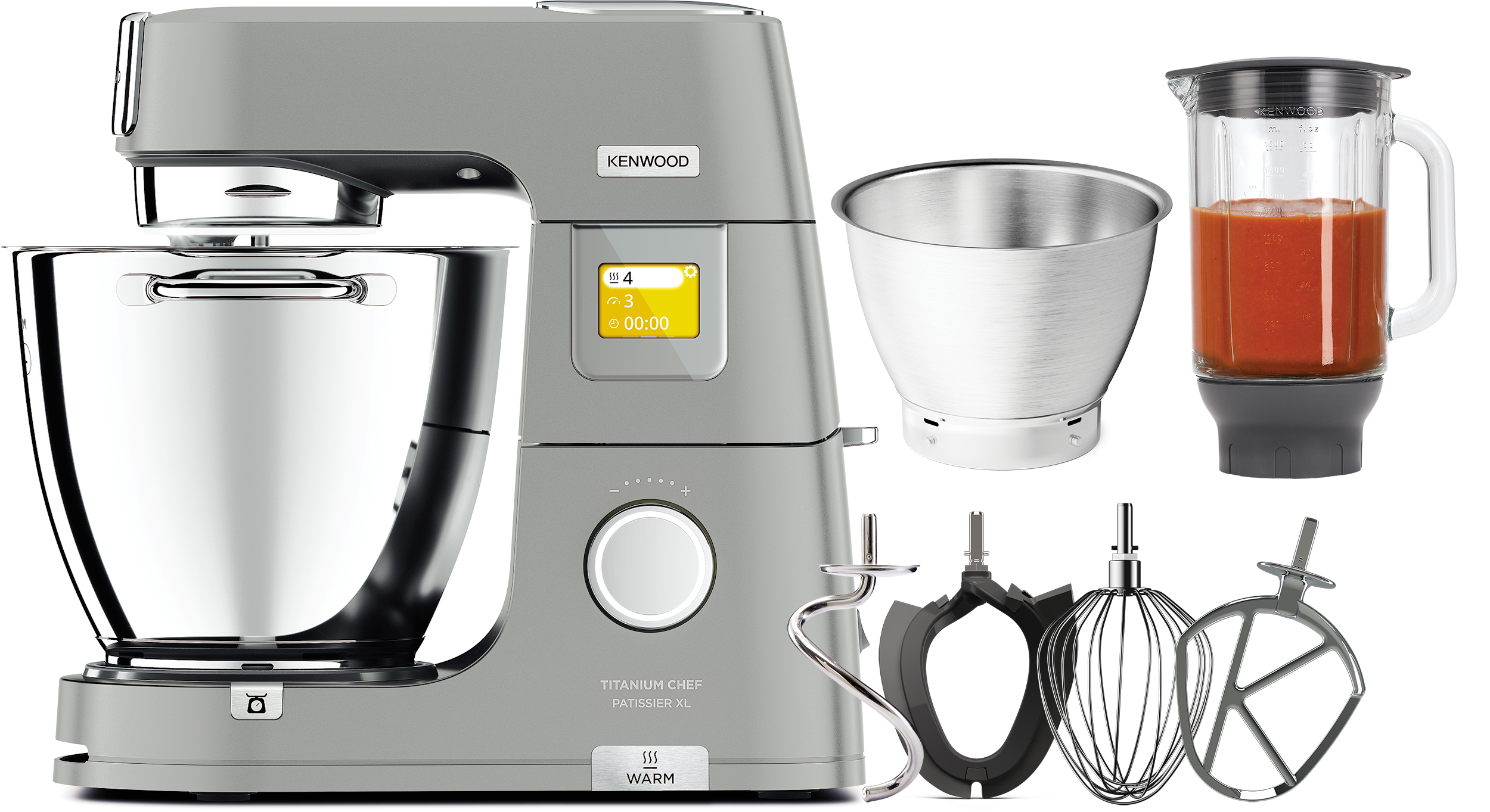 Ein grauer Kenwood-Küchenmixer mit verschiedenen Aufsätzen, darunter ein Mixer und Rührschüsseln.