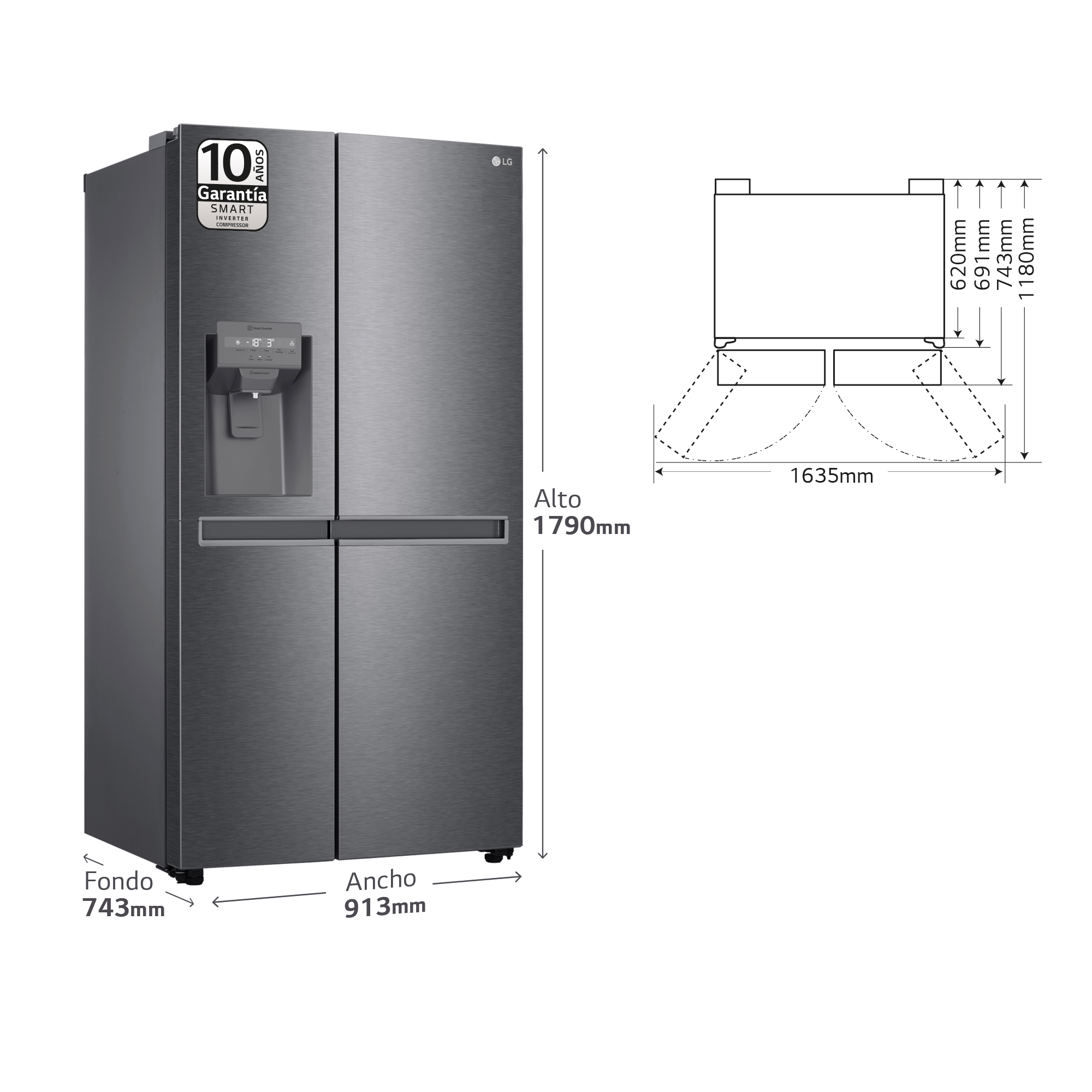 Un refrigerador LG grande, gris oscuro con diseño de puerta lado a lado, con dimensiones mostradas.