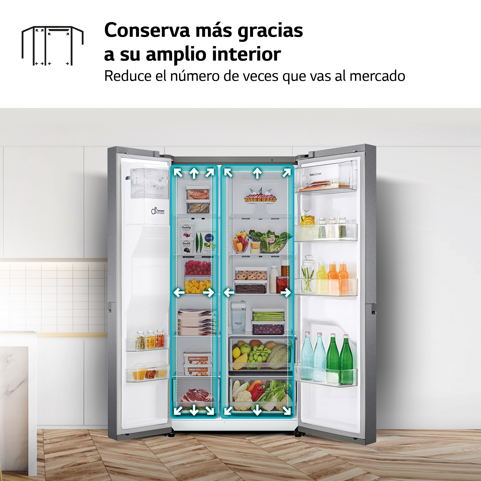 Refrigerador abierto con compartimentos de alimentos y bebidas, diagrama con flechas.