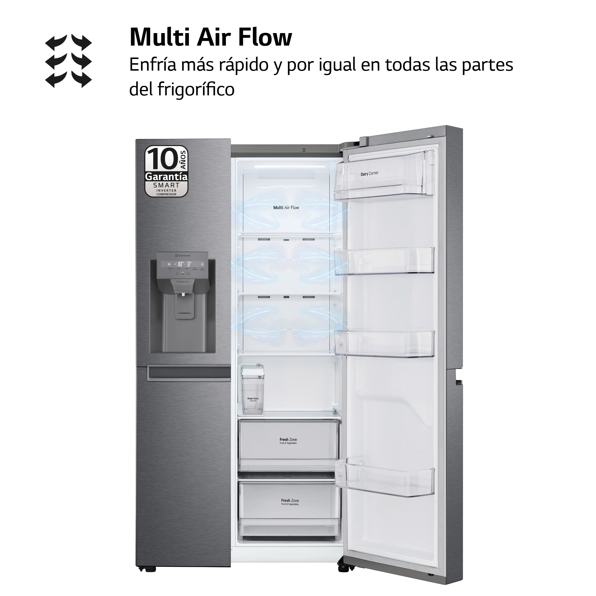 Un refrigerador con la puerta abierta, mostrando estantes y comida. Texto: Multi Air Flow.