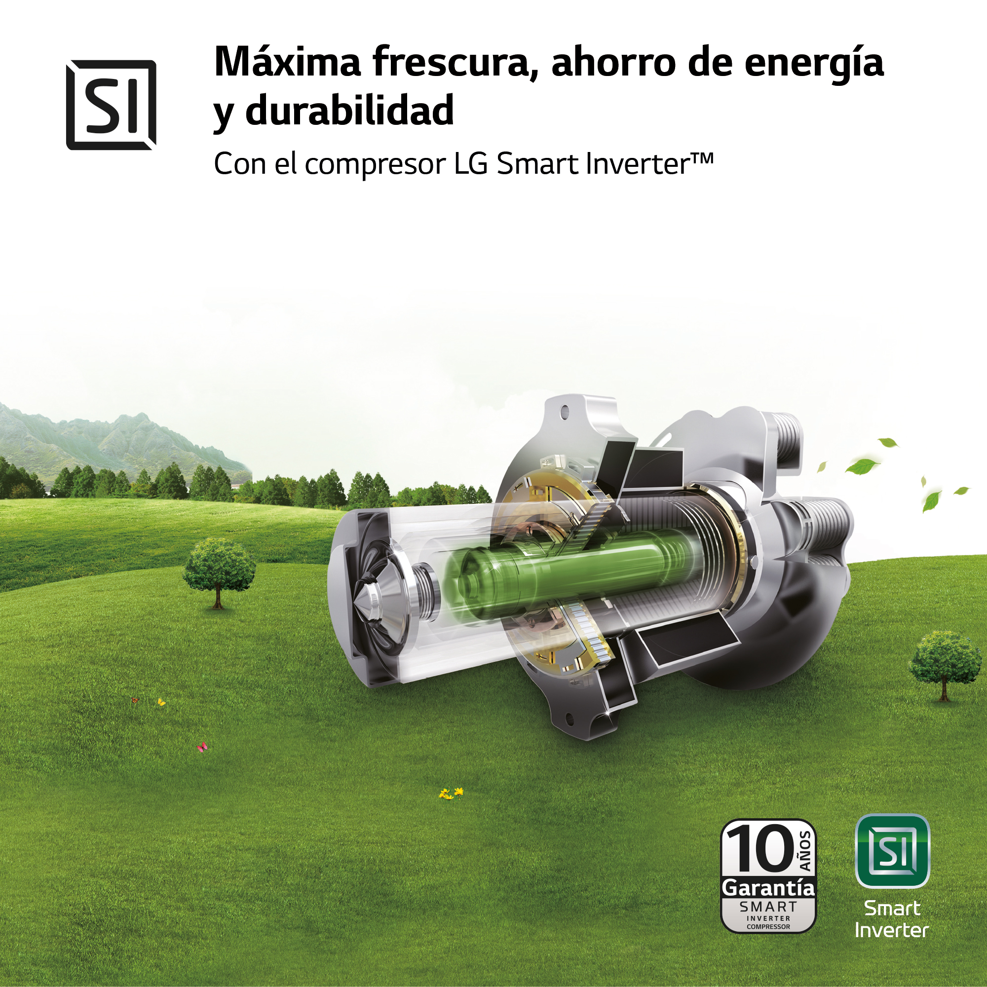 Diagrama del compresor LG Smart Inverter sobre un fondo de hierba verde.
