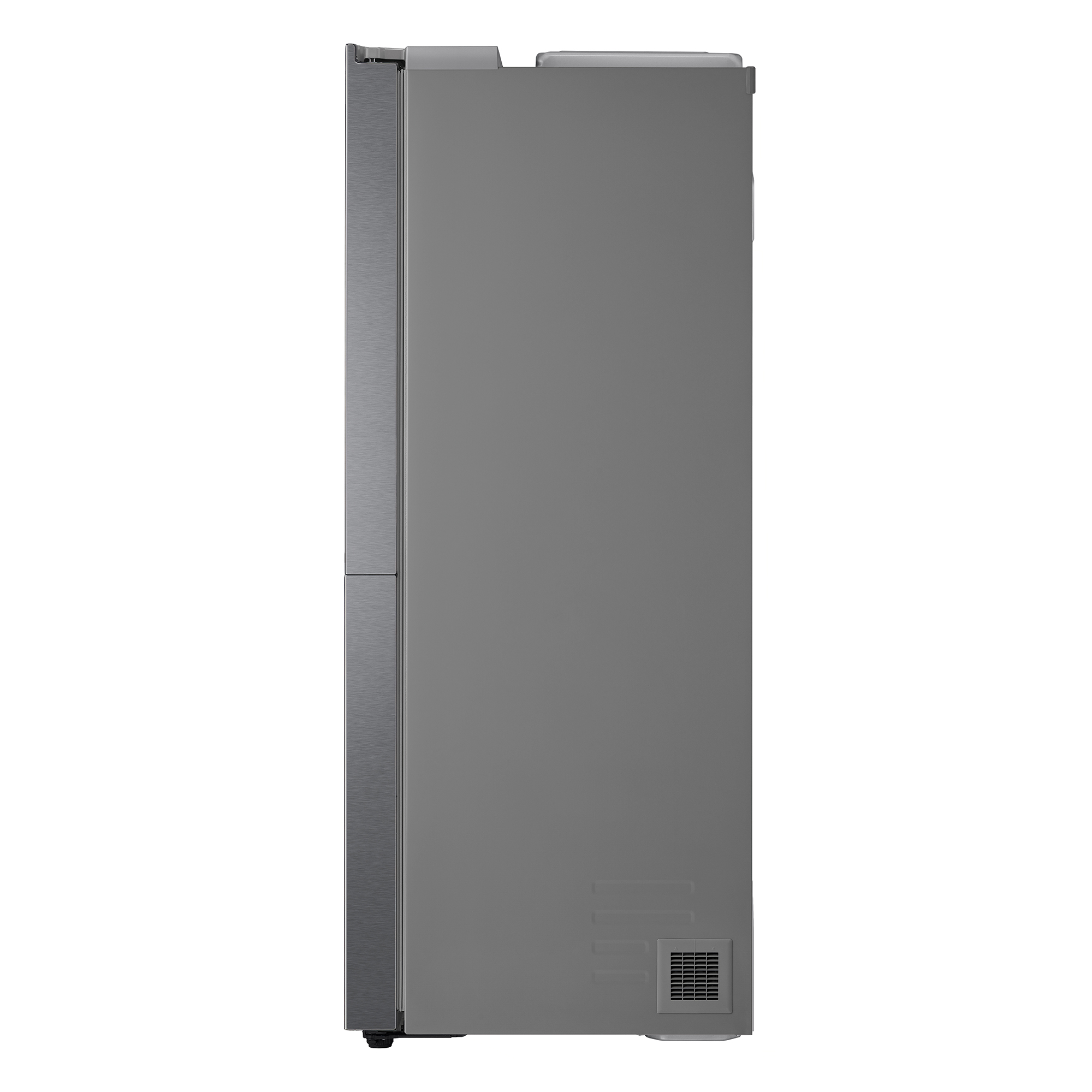 Vista lateral del refrigerador gris. El lado tiene una franja plateada y una ventilación.