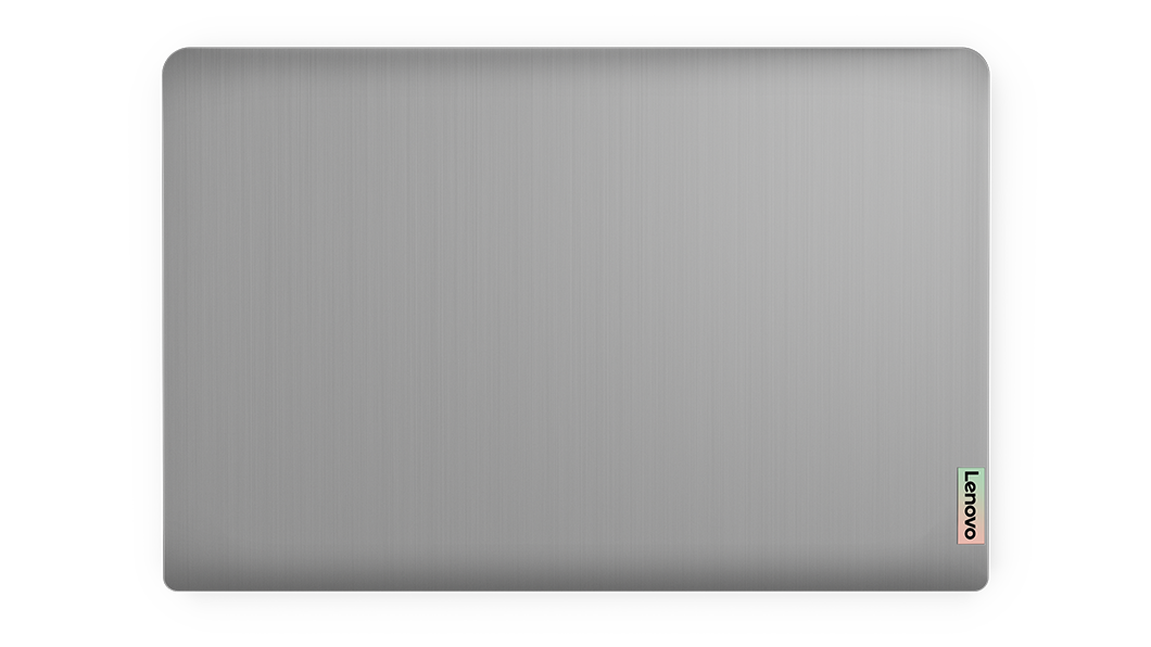 Vista superior de portátil, gris con logo Lenovo.