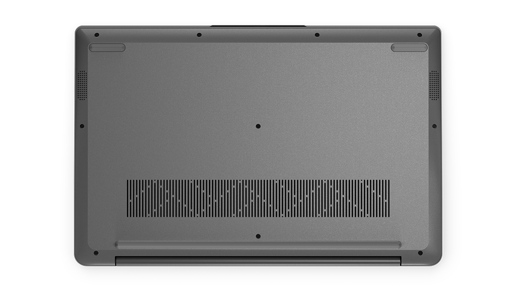 Vista inferior de una computadora portátil gris, que muestra orificios de ventilación y ubicaciones de tornillos, sobre un fondo negro.