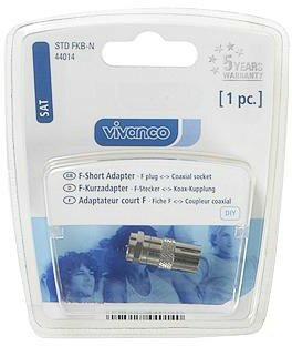 Adapter złącza F w plastikowym opakowaniu, widoczny srebrny konektor. Wielojęzyczny tekst.