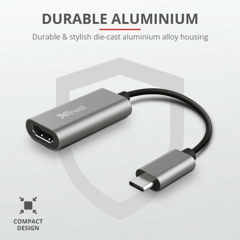 Srebrny adapter Trust z złączem USB-C i HDMI, czarne tło.