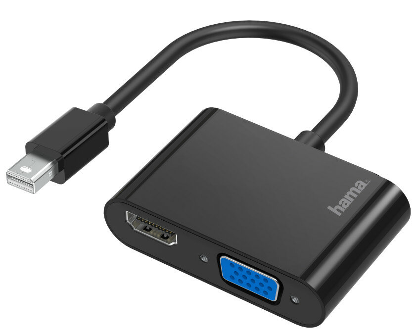 Czarny adapter Mini DisplayPort na HDMI i VGA. Posiada krótki, elastyczny kabel.
