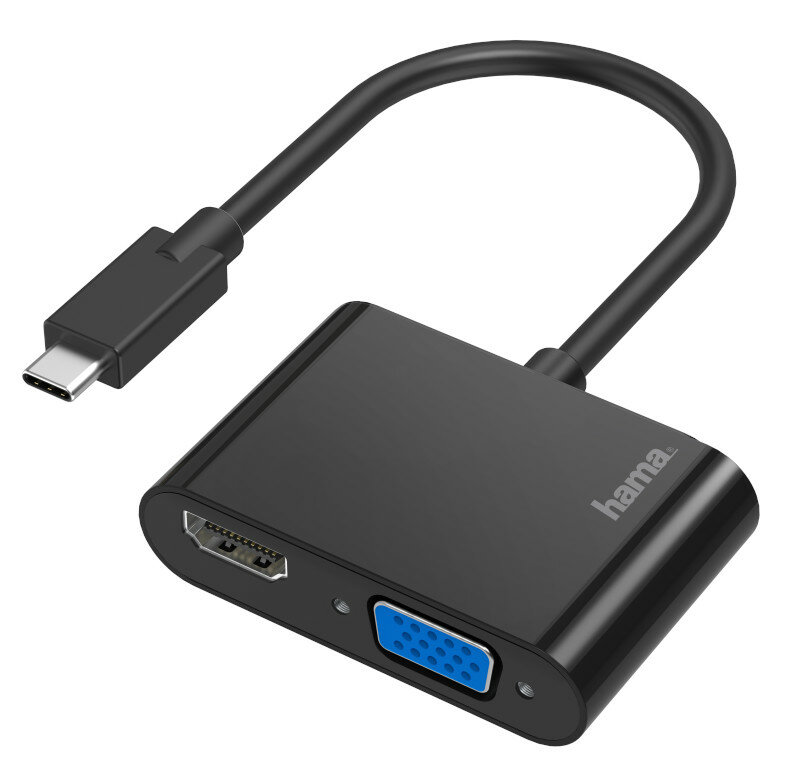 Czarny adapter Hama USB-C do HDMI/VGA. Posiada złącze USB-C oraz porty HDMI i VGA.