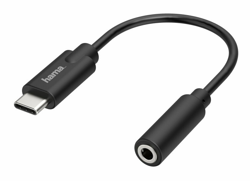 Czarny kabel adaptera Hama USB-C do gniazda słuchawkowego 3,5 mm.