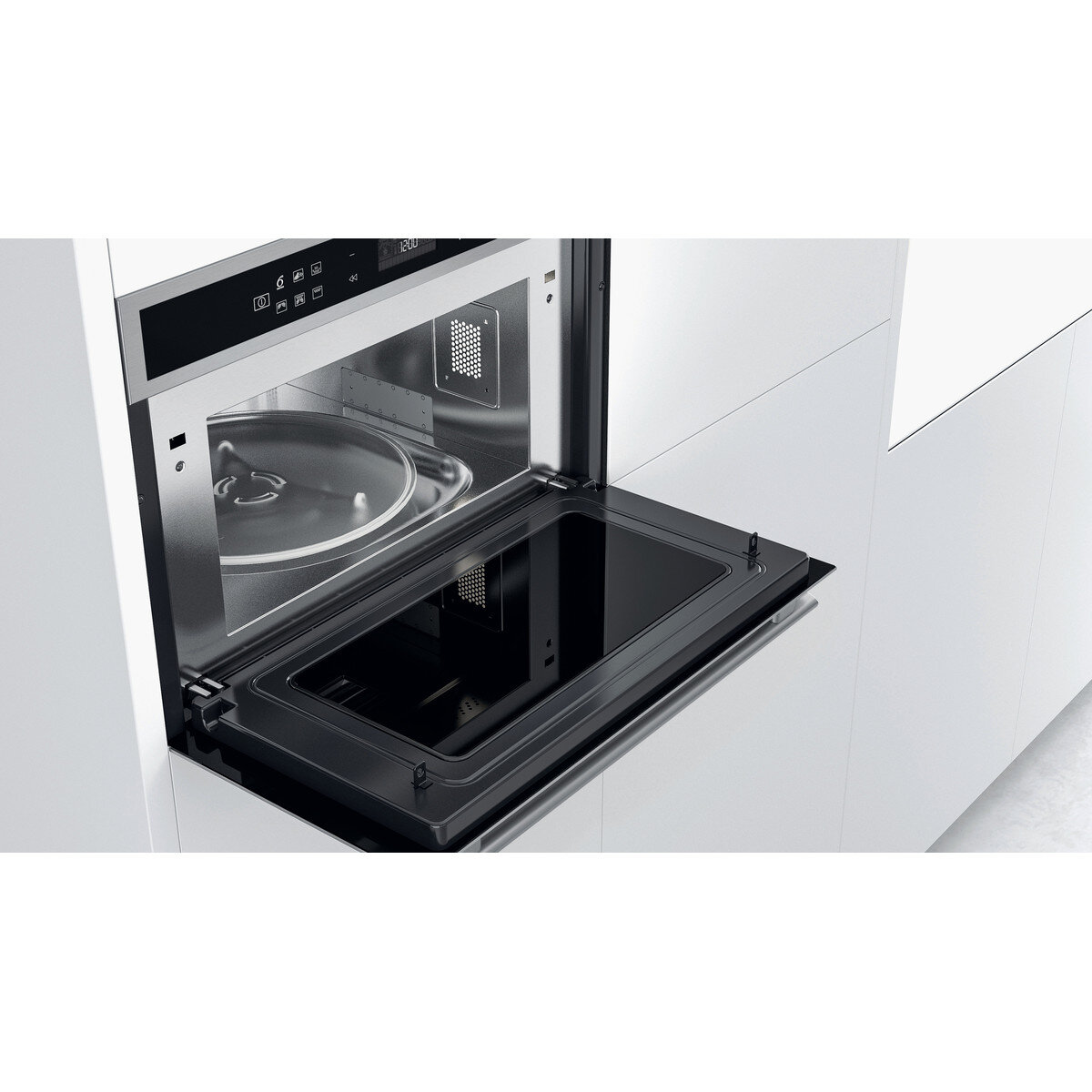 Kuchenka mikrofalowa, otwarte drzwi, stal nierdzewna. Wnętrze z tacą szklaną.