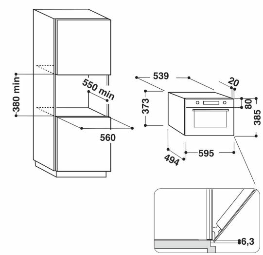 Schemat piekarnika i szafki do zabudowy z wymiarami w milimetrach.