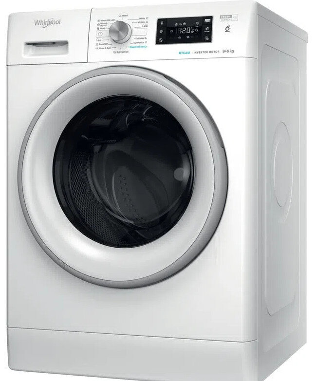 Biała pralka Whirlpool, widok z przodu, z drzwiami, panelem sterowania i etykietą silnika parowego.