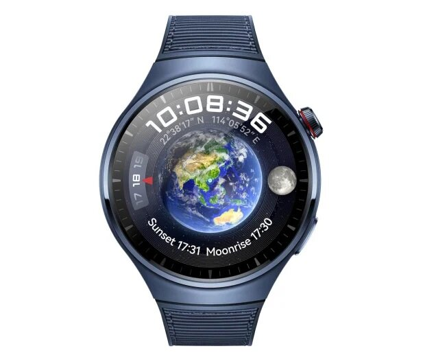 Niebieski smartwatch pokazujący Ziemię z księżycem. Białe tło.