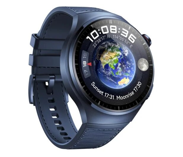 Smartwatch z niebieskim paskiem. Tarcza wyświetla mapę świata, godzinę, zachód słońca i wschód księżyca.