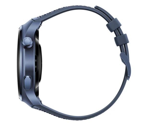 Niebieski smartwatch w widoku z boku na białym tle. Zegarek ma niebieski pasek.