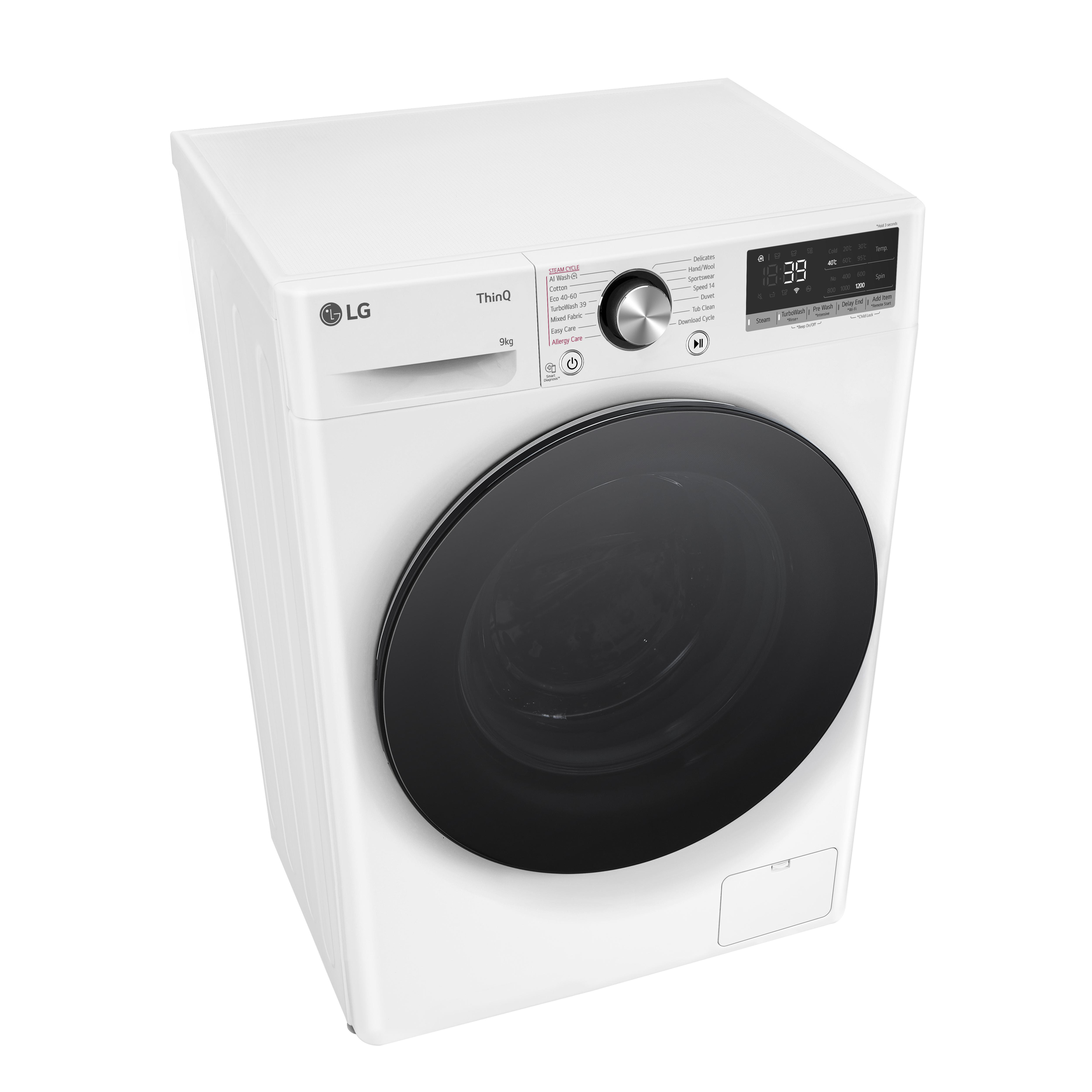 Weiße Waschmaschine, Draufsicht, mit schwarzer Tür und Bedienfeld oben.