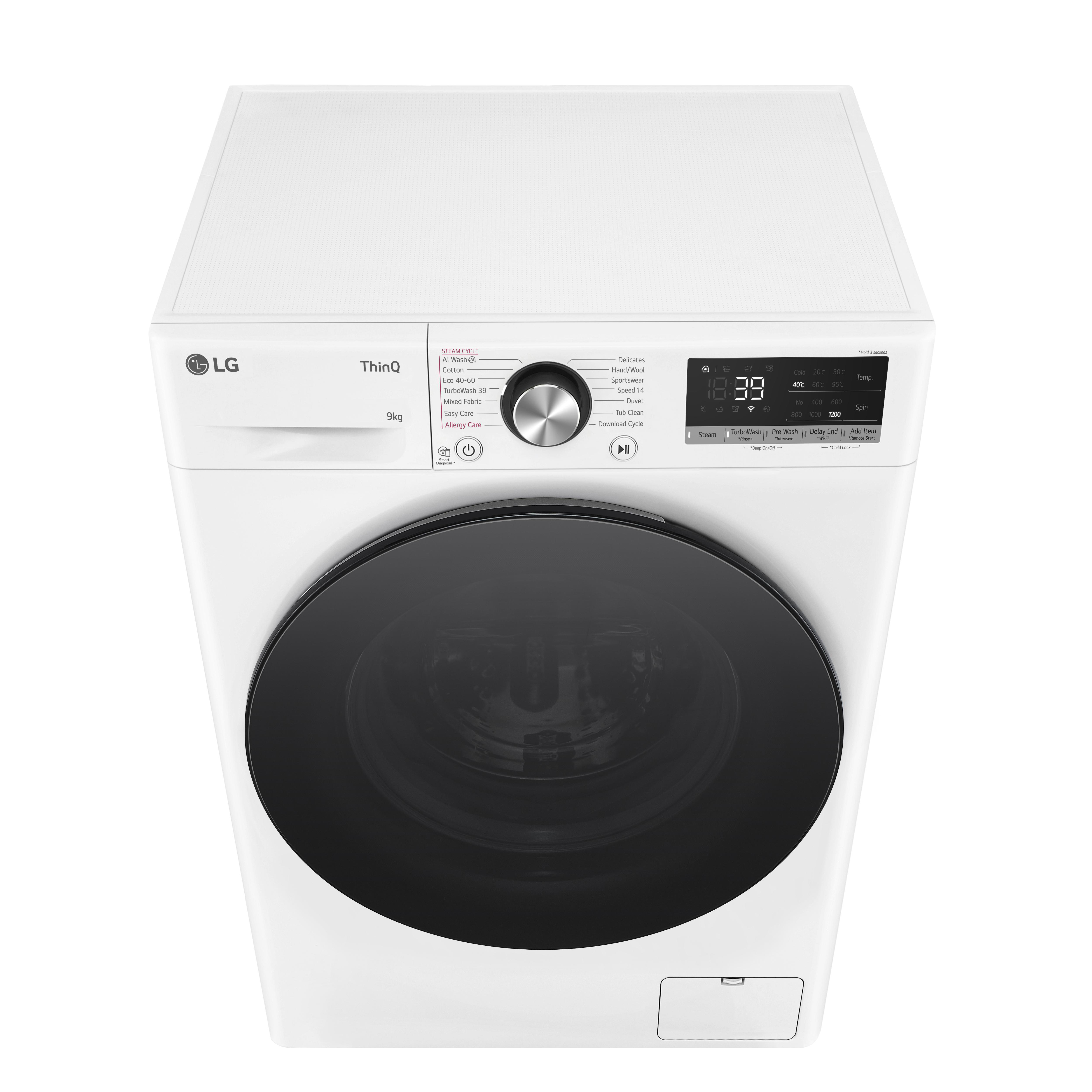 Weiße LG Waschmaschine, Draufsicht, mit Bedienfeld und Tür.