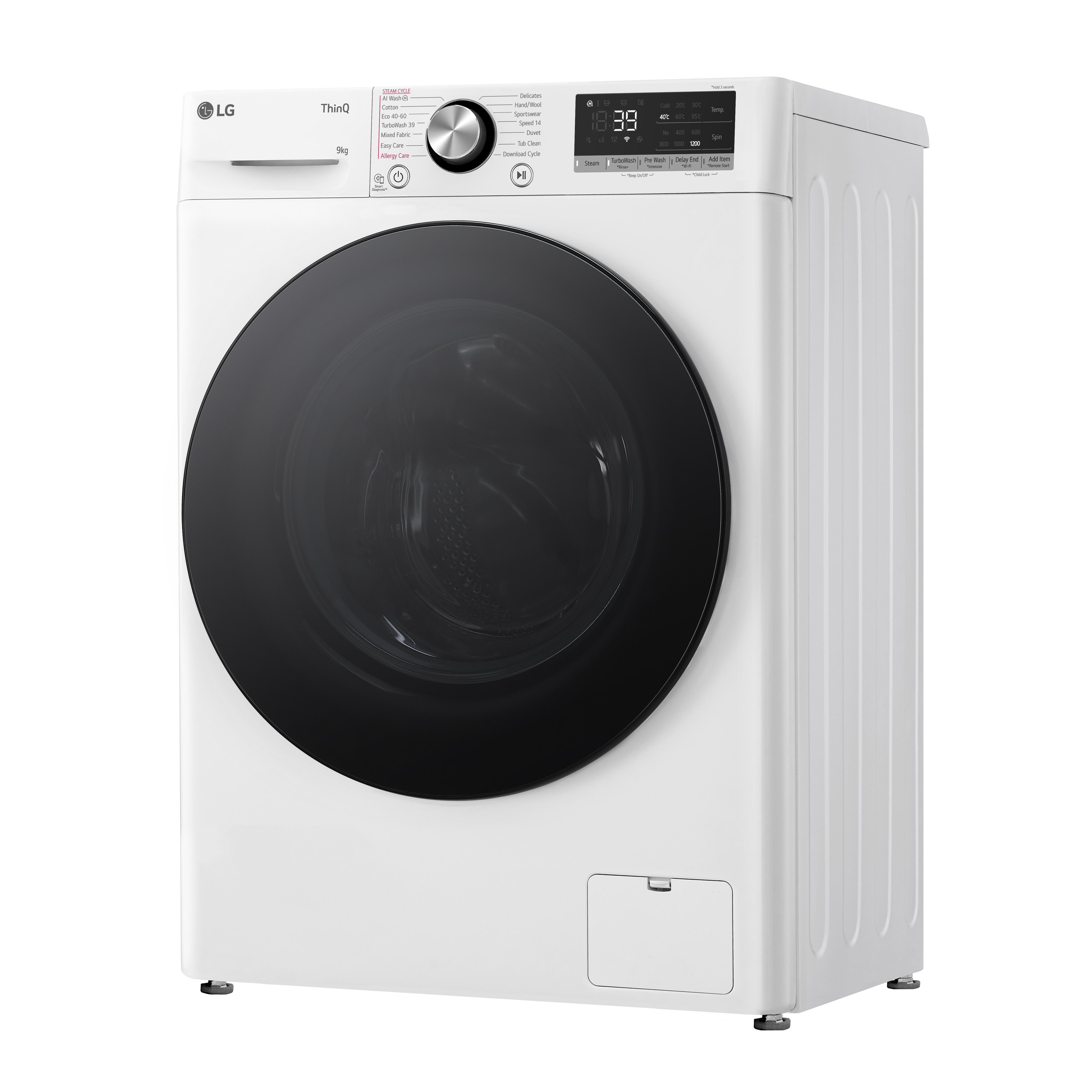 Weiße LG Waschmaschine, schräge Ansicht, schwarze Tür.