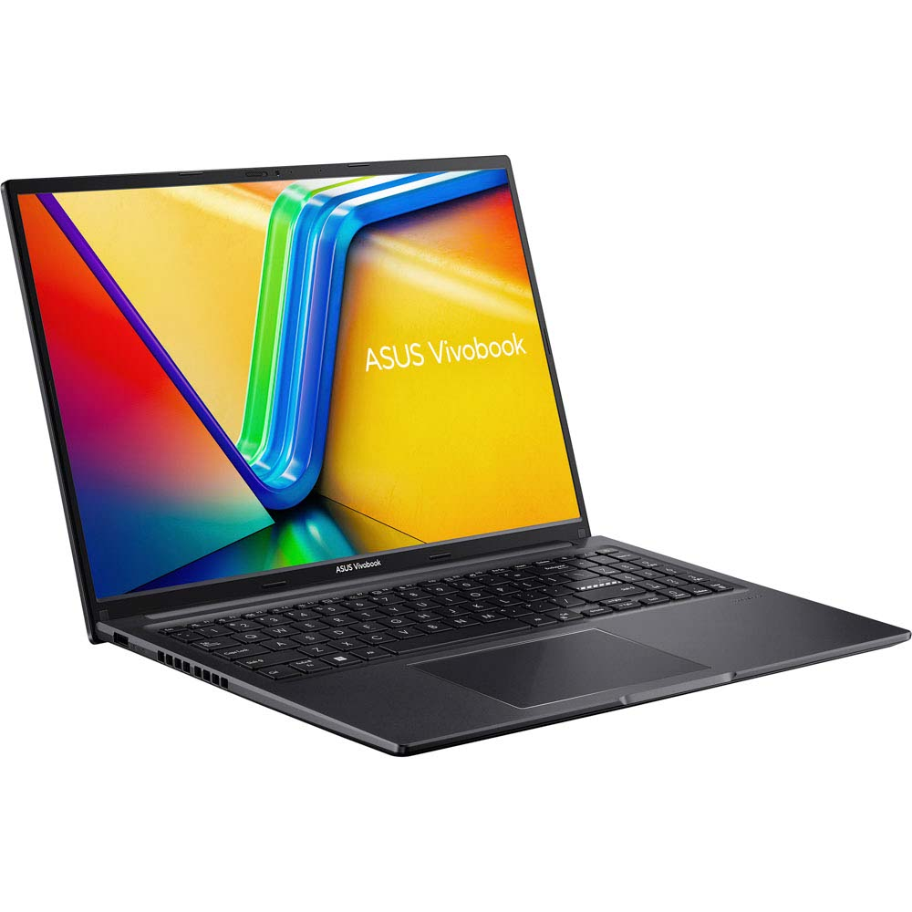Asus Vivobook dizüstü bilgisayar açık, beyaz bir arka plan üzerinde renkli grafiklere sahip ekranı gösteriyor.