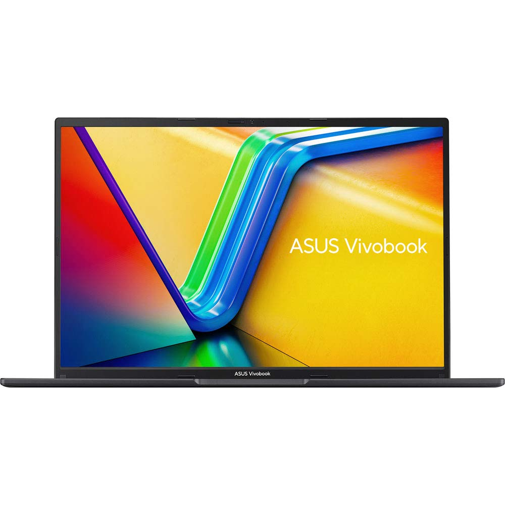 Siyah ASUS Vivobook dizüstü bilgisayar, ekran öne dönük, renkli tasarım, beyaz zemin.