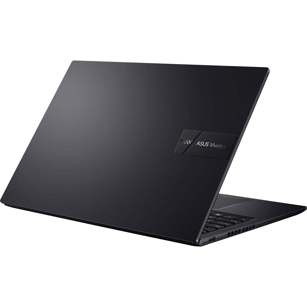 Siyah dizüstü bilgisayar, açılı görünüm, arkası gösteriliyor. ASUS Vivobook logosu görünür. Klavye hafif açık.
