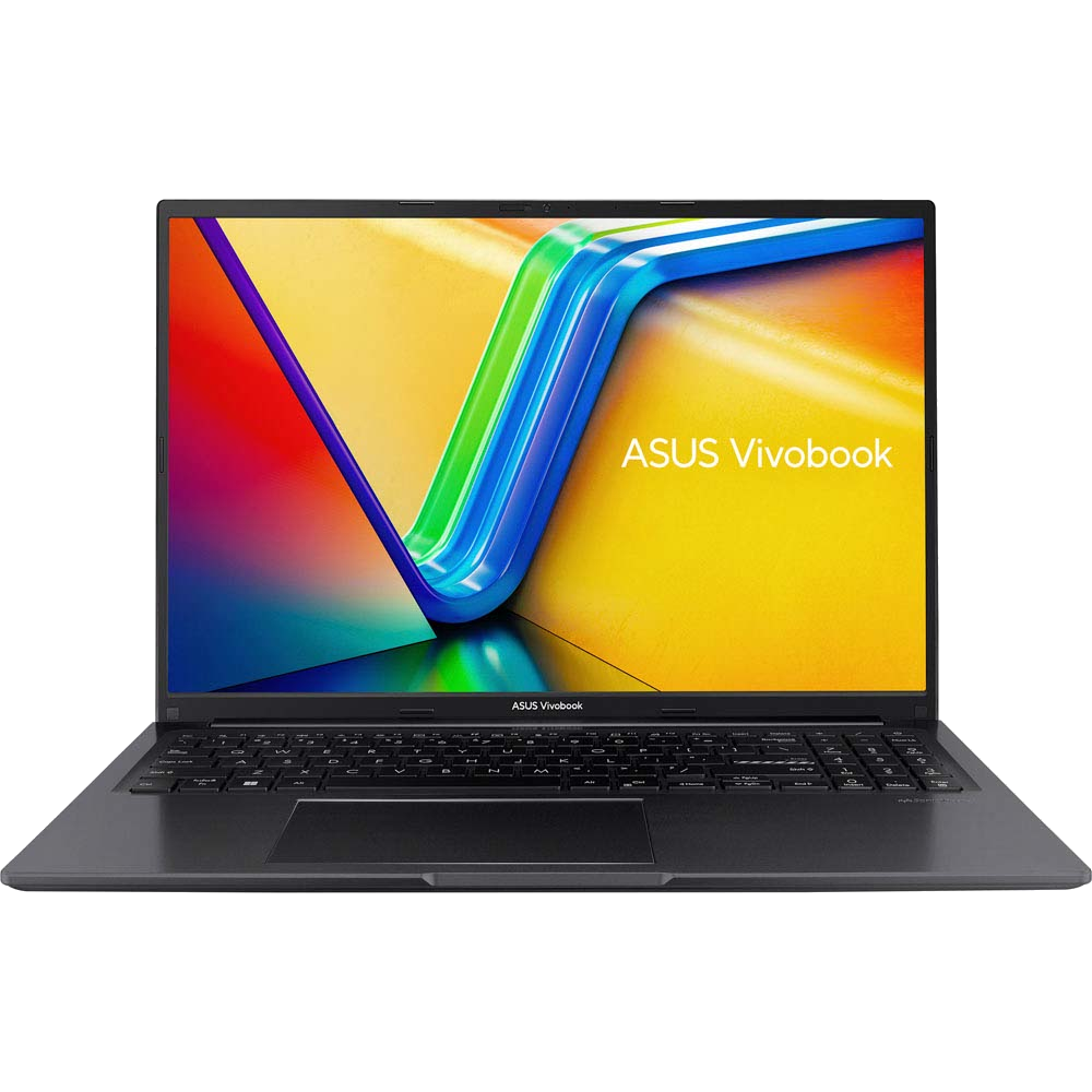 ASUS Vivobook dizüstü bilgisayar, açık, mavi ve yeşil bir desen gösteren renkli bir ekranla.
