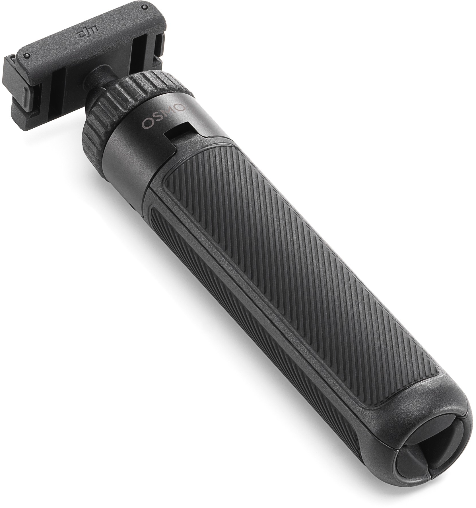 Ein schwarzer, tragbarer Osmo-Handy-Stabilisator, von oben betrachtet. Der Griff ist strukturiert.